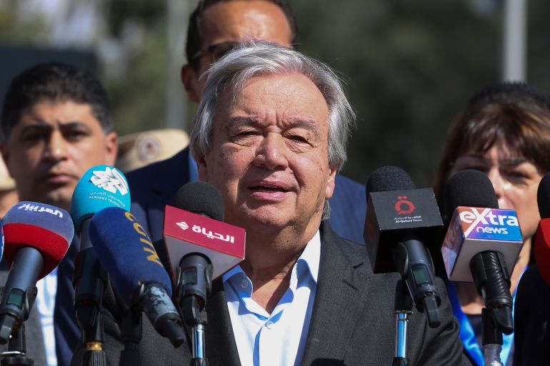 The U.N. Secretary-General Antonio Guterres speaks at the Rafah border crossing, Egypt.